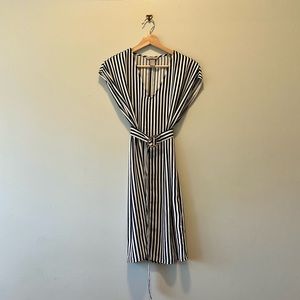 Striped V-Neck Dress with Waist Tie